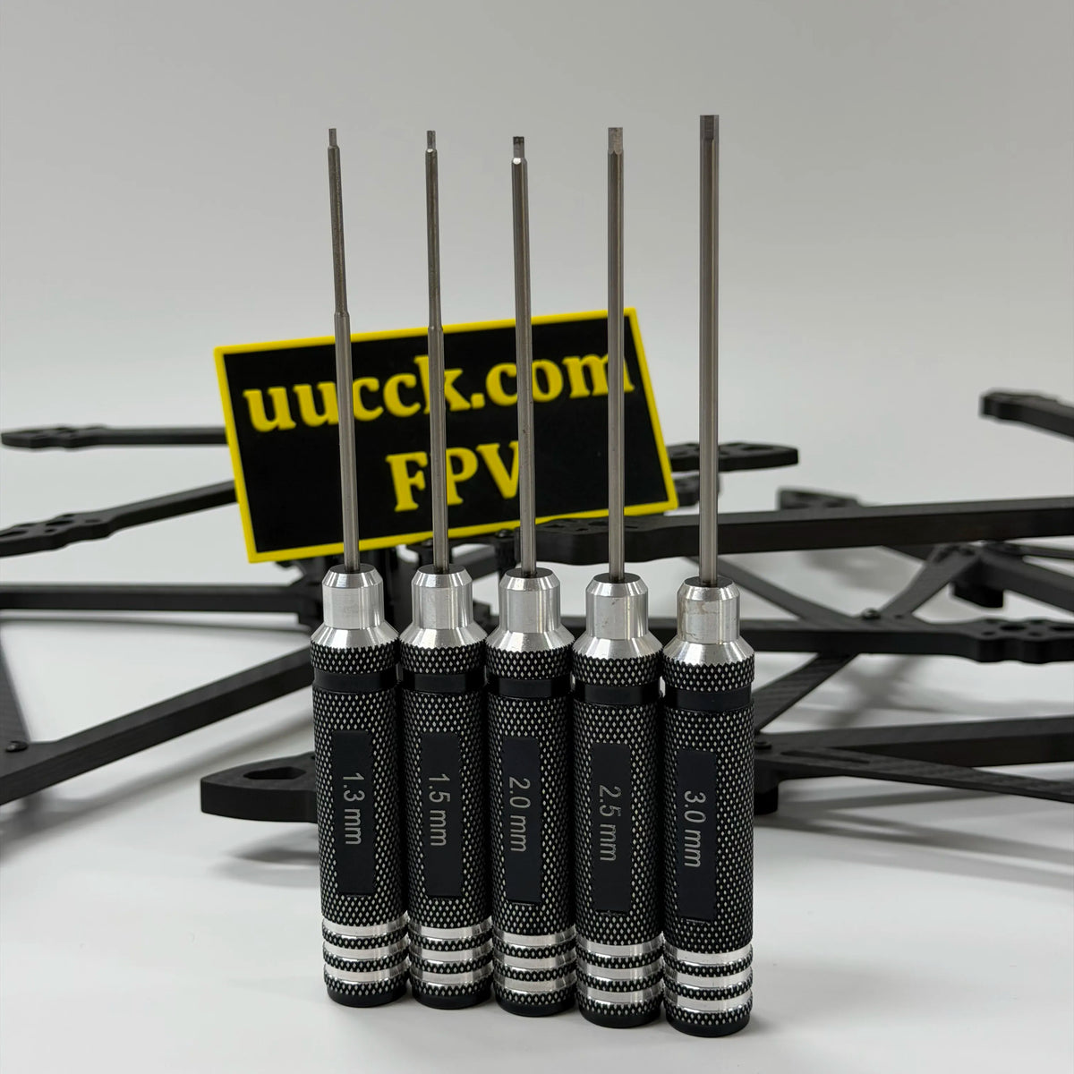 Supplier reference photograph of five complete hex drivers labeled 1.3, 1.5, 2.0, 2.5 and 3.0 mm